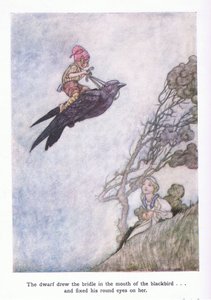 The dwarf drew the bridle in the mouth of the blackbird and fixed his round eyes on her
